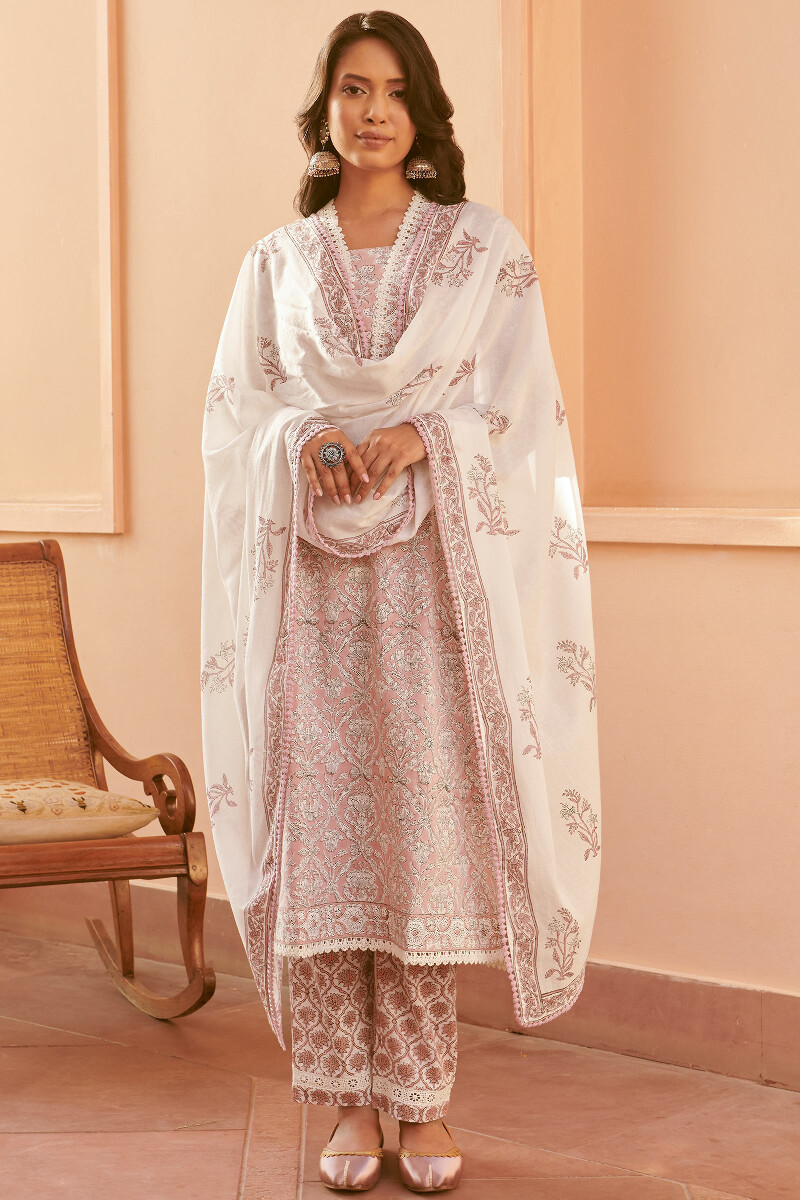 Pink Hand Block-Printed Straight Cotton Kurta