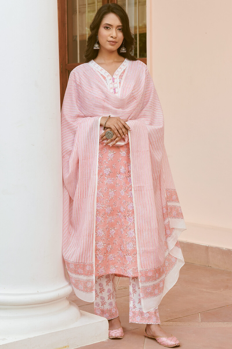 Pink Hand Block-Printed Straight Cotton Kurta