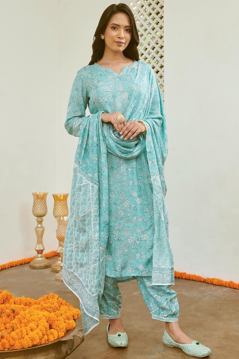 Blue Hand Block-Printed Straight Viscose Kurta