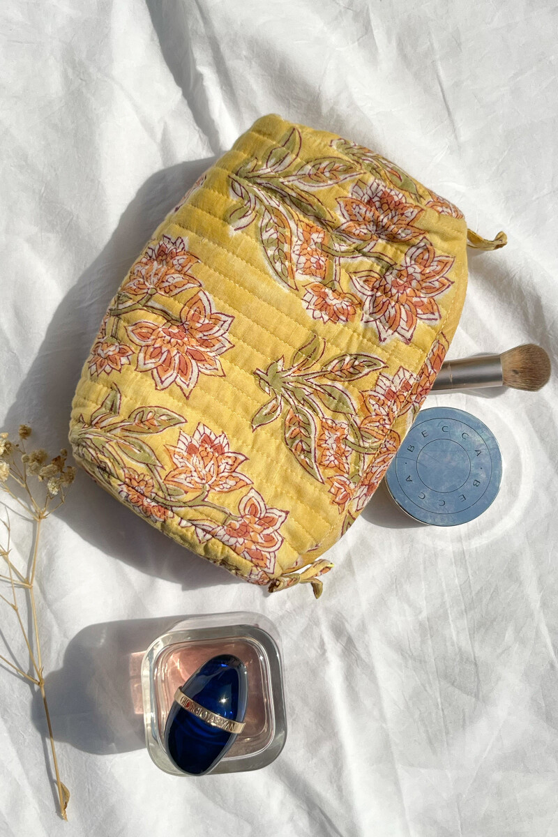 Yellow Hand Block-Printed Cotton Vanity Pouch