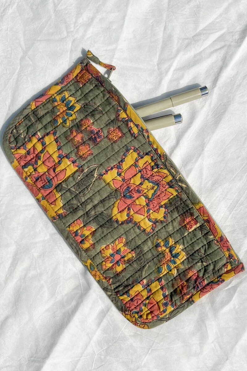 Green Hand Block-Printed Cotton Pencil Pouch