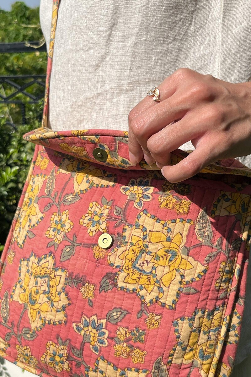 Peach Hand Block-Printed Cotton Crossbody Bag