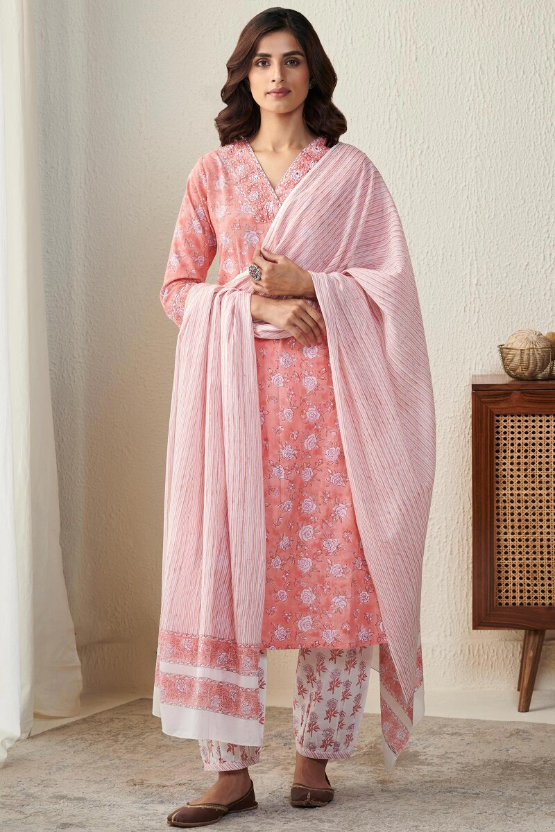 Peach Hand Block-Printed Straight Cotton Kurta