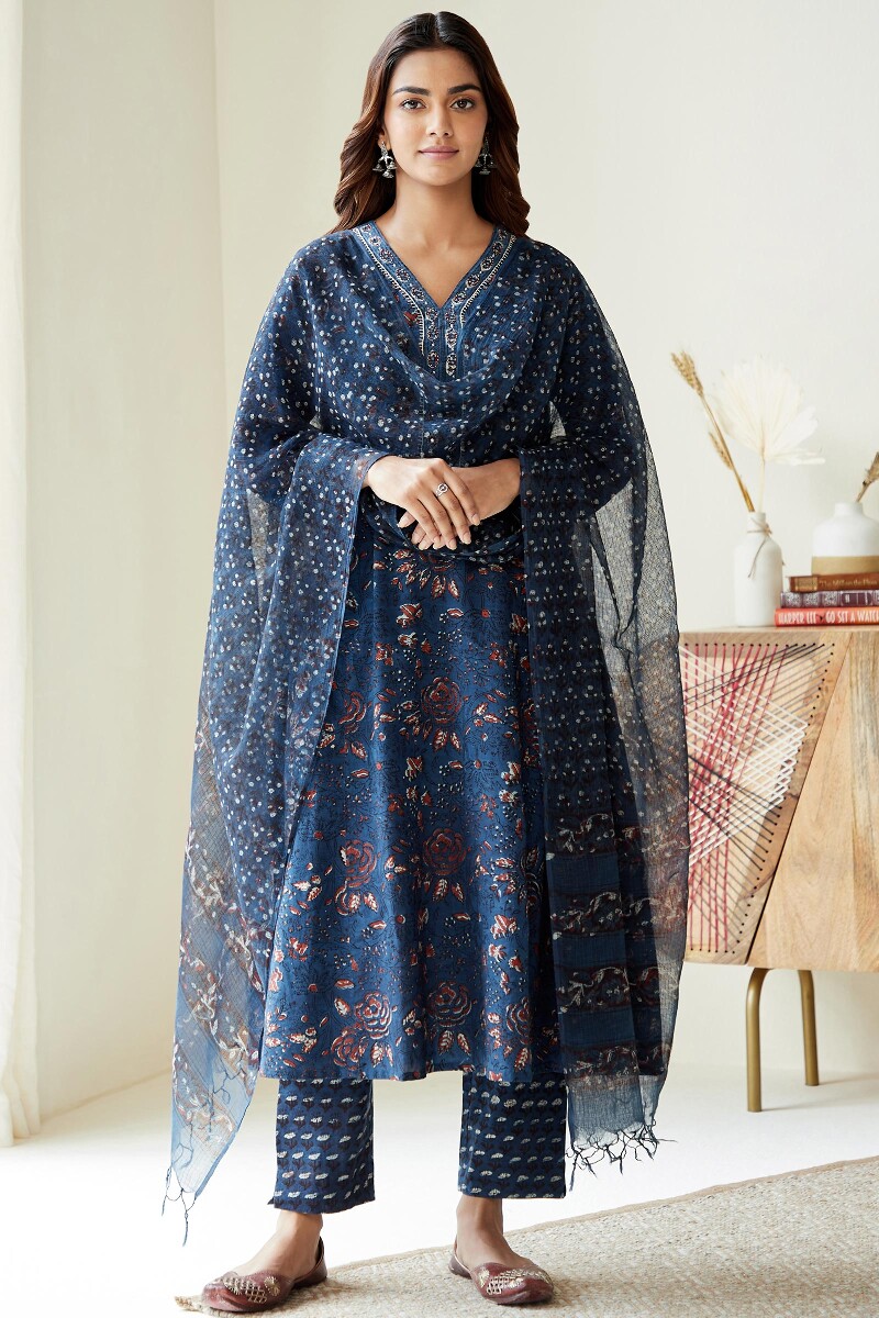 Indigo Hand Block-Printed Kota Dupatta