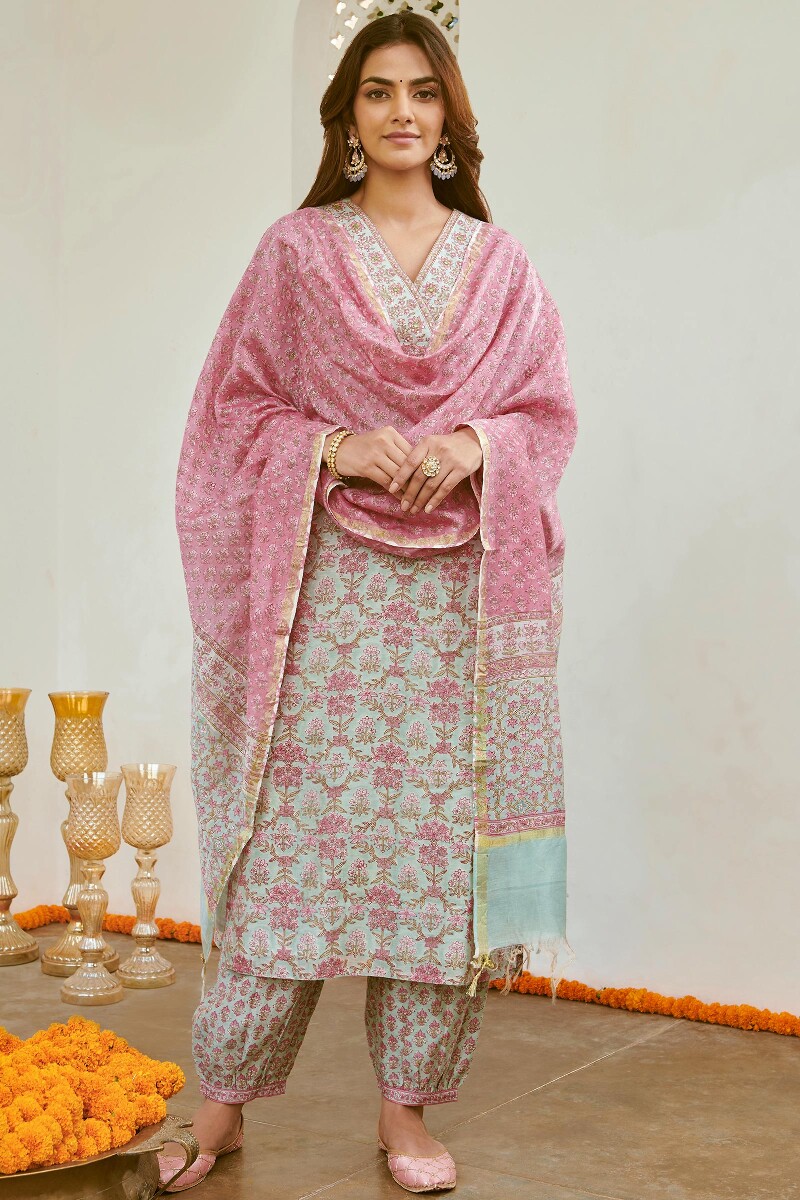 Light Blue Hand Block-Printed Straight Chanderi Kurta