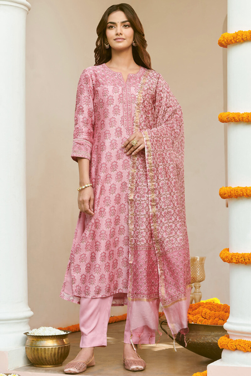 Pink Hand Block-Printed Straight Chanderi Kurta