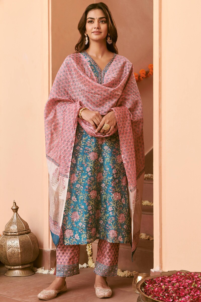 Blue Hand Block-Printed Straight Chanderi Kurta