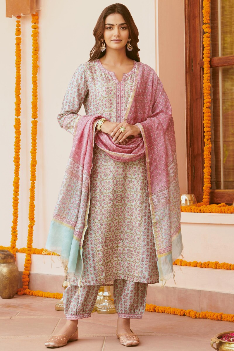 Light Blue Hand Block-Printed Straight Chanderi Kurta