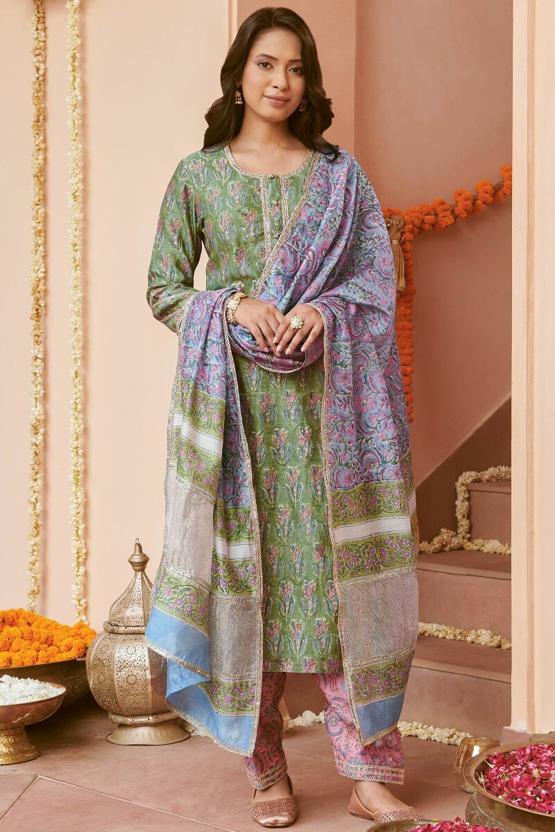 Green Hand Block-Printed Straight Chanderi Kurta