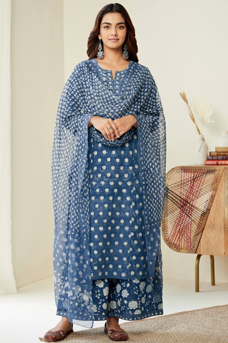 Indigo Hand Block-Printed Straight Cotton Kurta