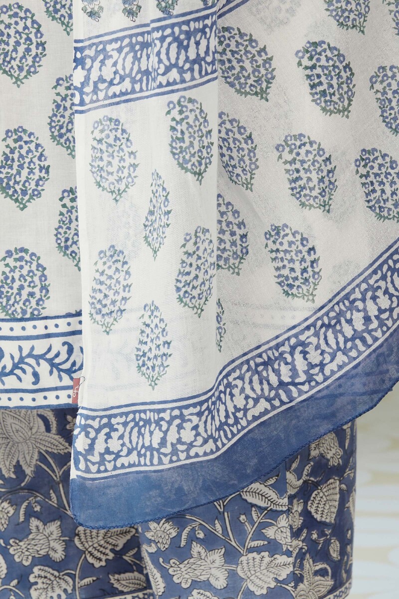White Hand Block-Printed Cotton Mul Dupatta