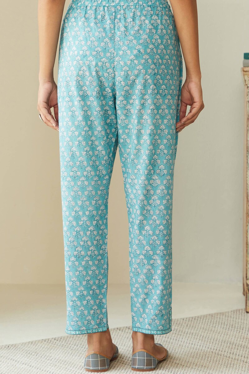 Blue Hand Block Printed Cotton Narrow Pants