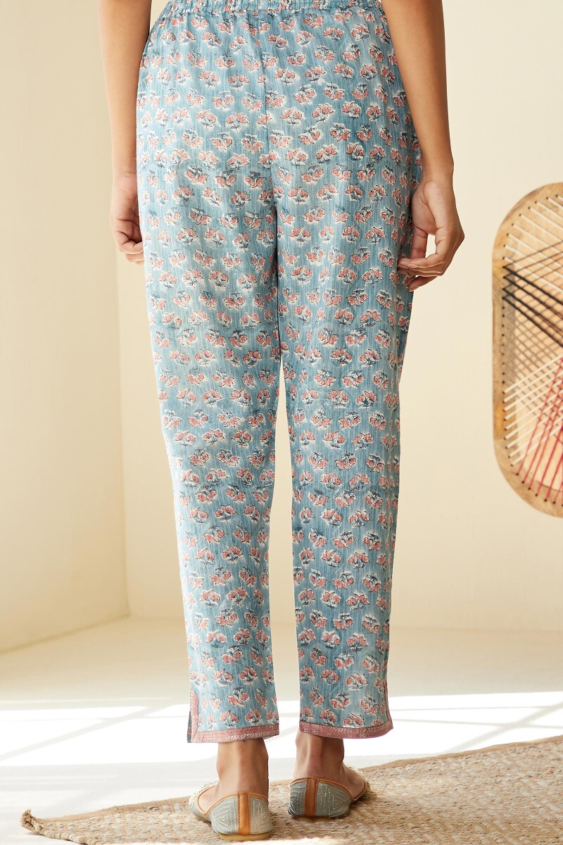 Blue Hand Block-Printed Cotton Dobby Narrow Pants