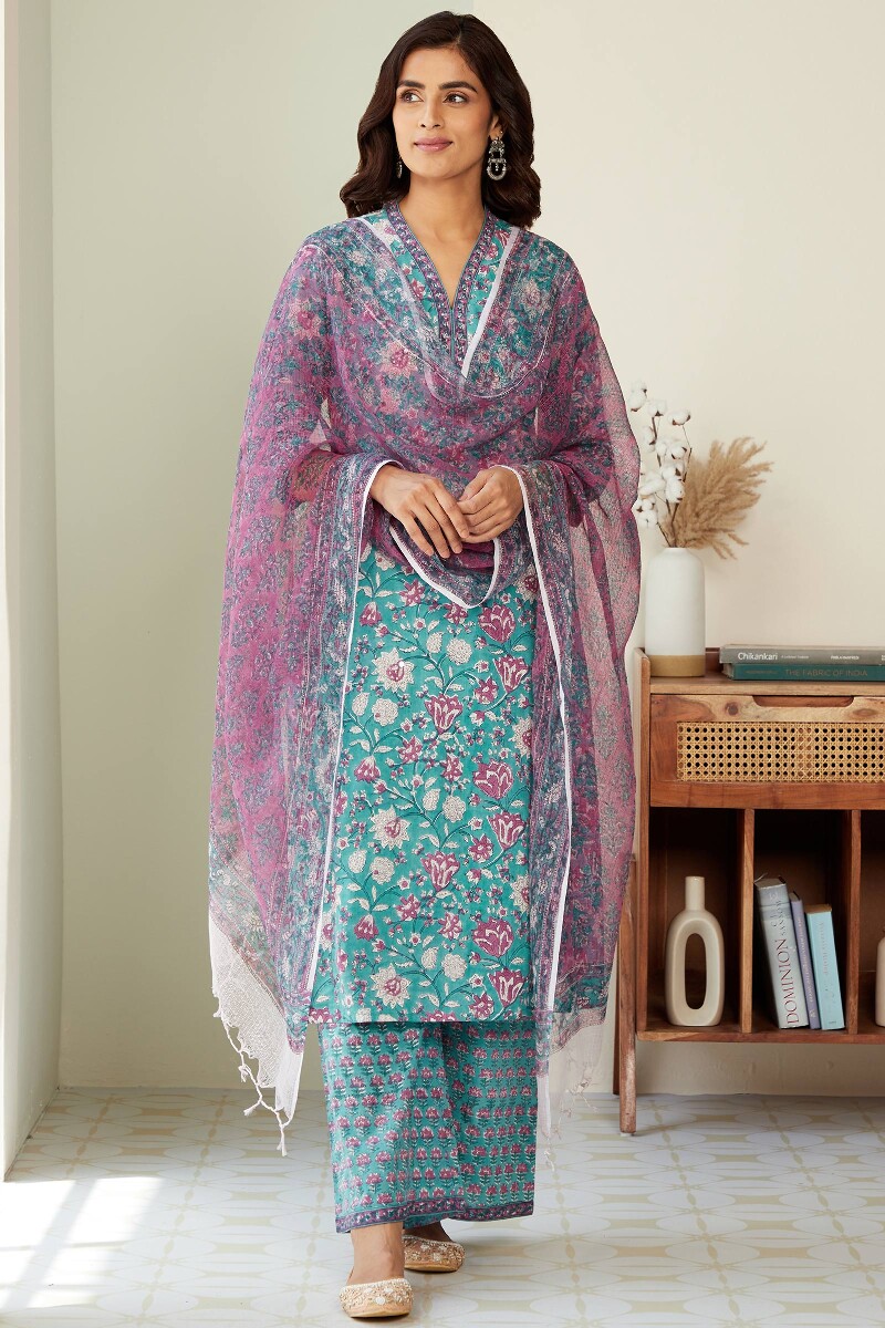 Turquoise Hand Block-Printed Straight Cotton Kurta