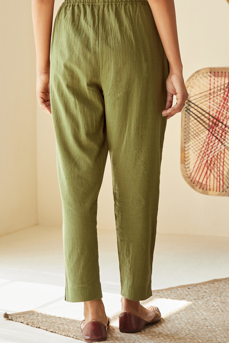 Olive Green Handcrafted Cotton Flax Narrow Pants
