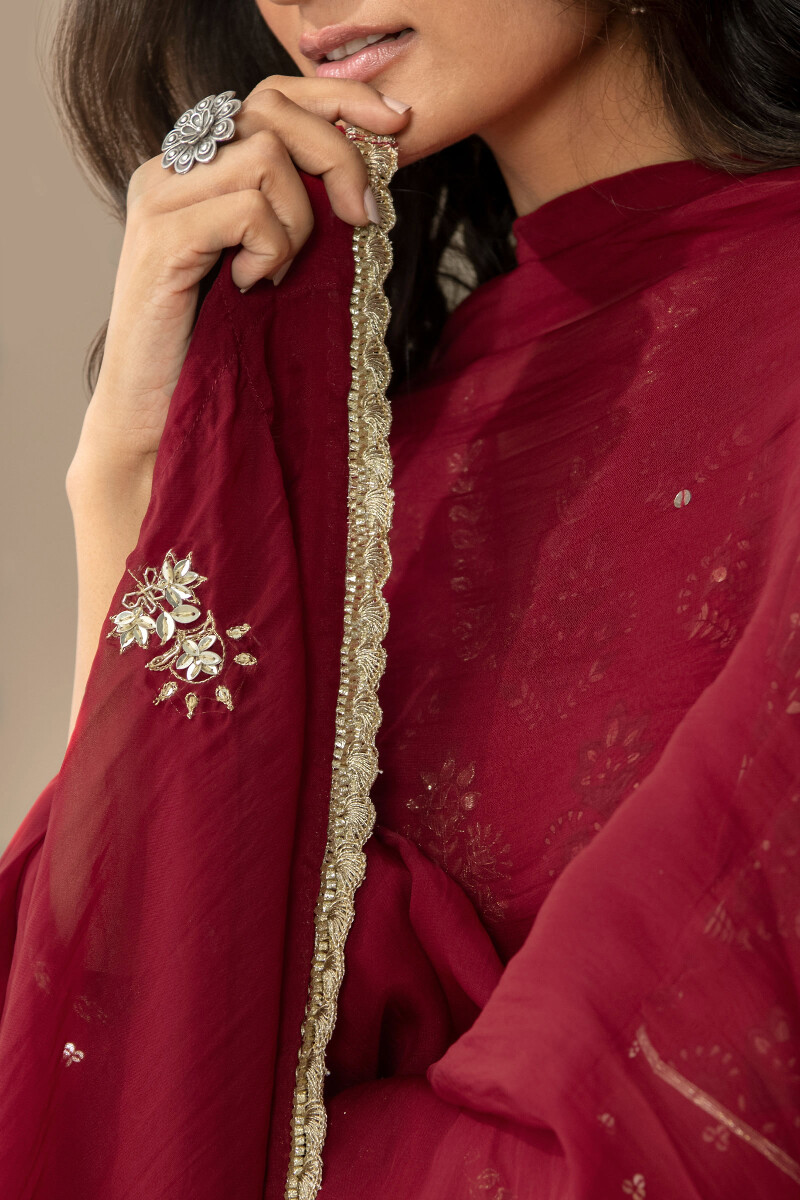 Red Handcrafted Organza Dupatta