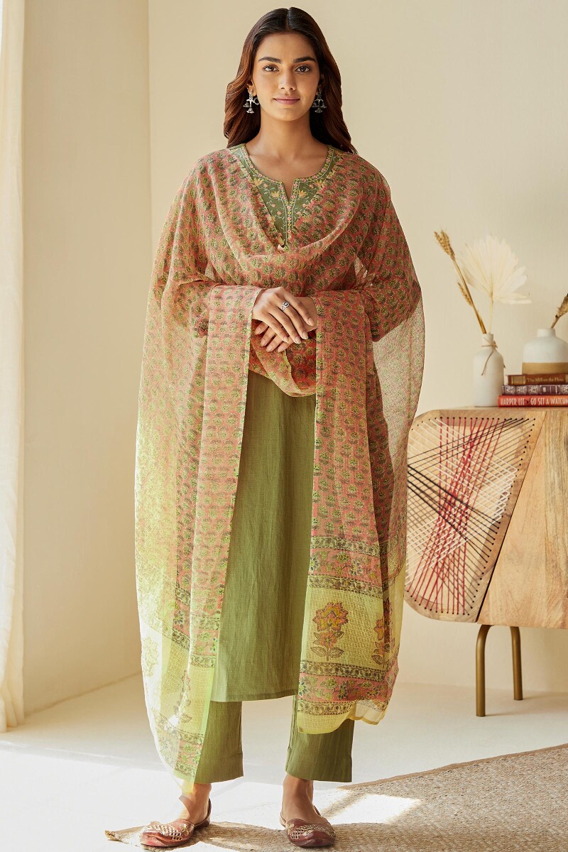 Olive Green Handcrafted Straight Cotton Flax Kurta