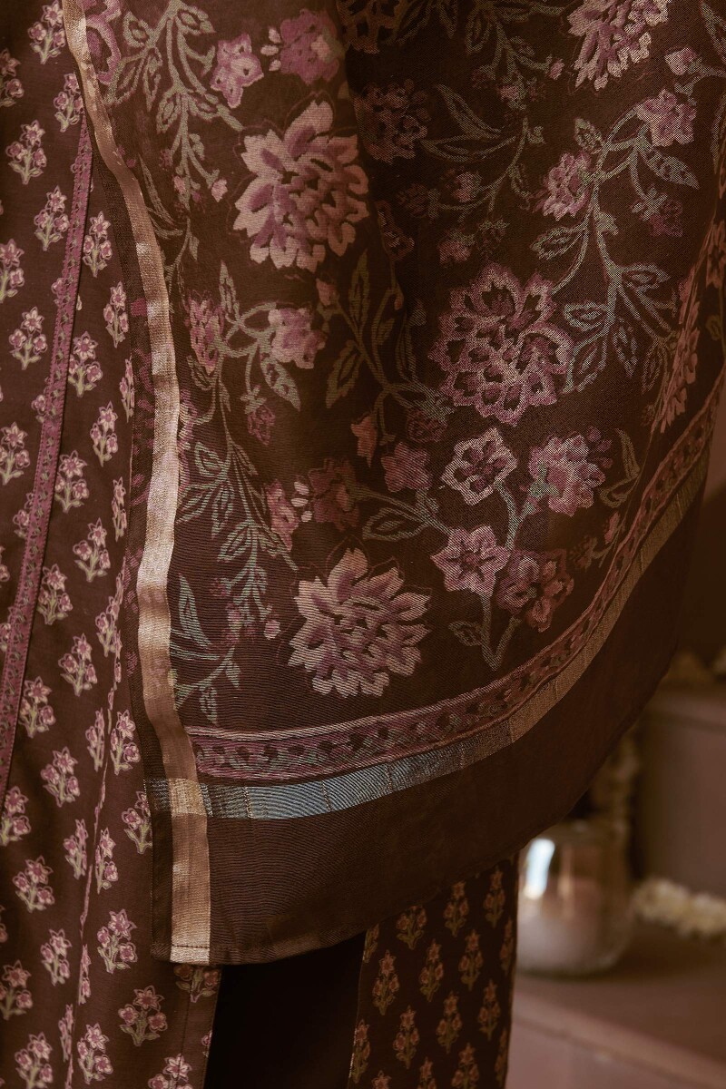 Brown Hand Block-Printed Chanderi Dupatta
