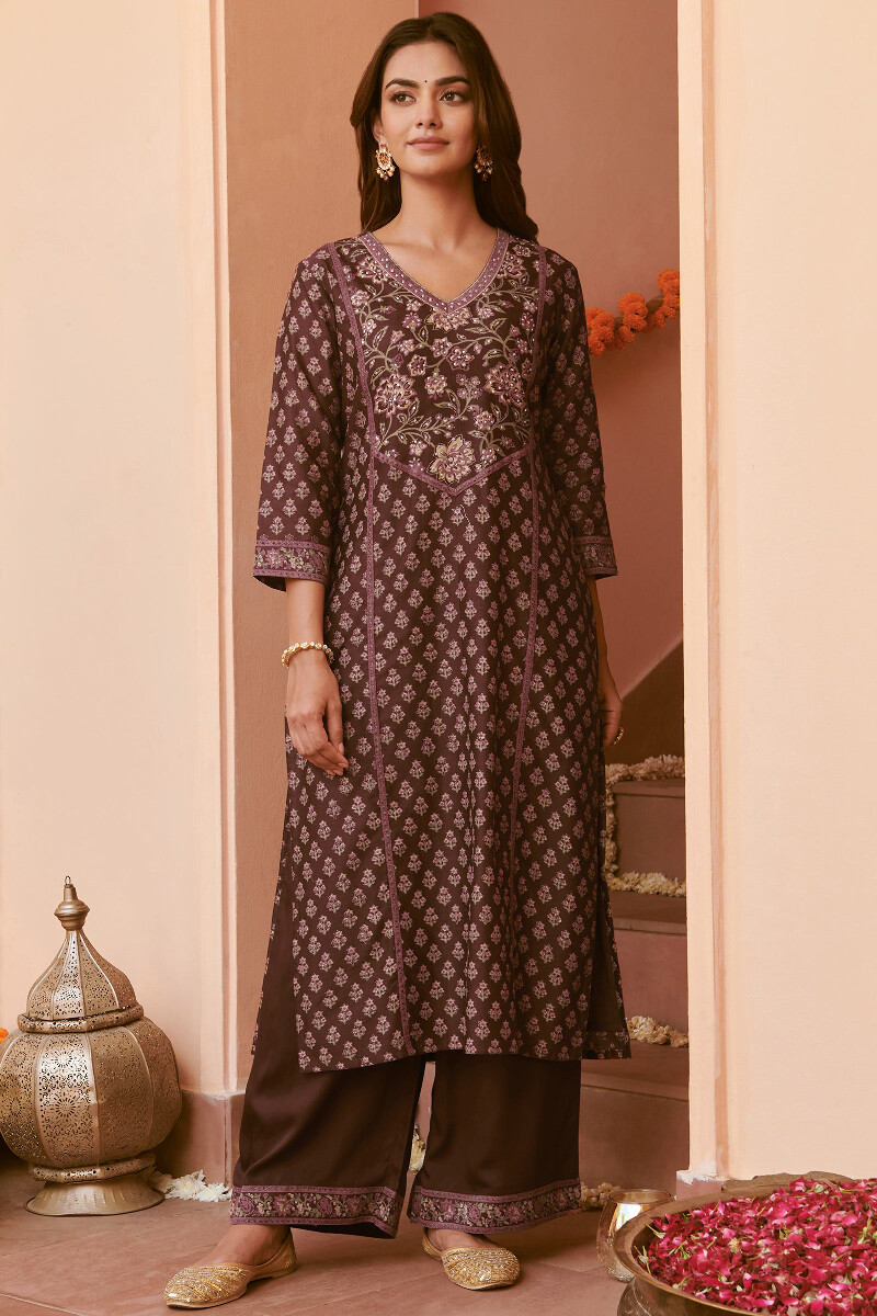 Brown Hand Block-Printed Straight Chanderi Kurta