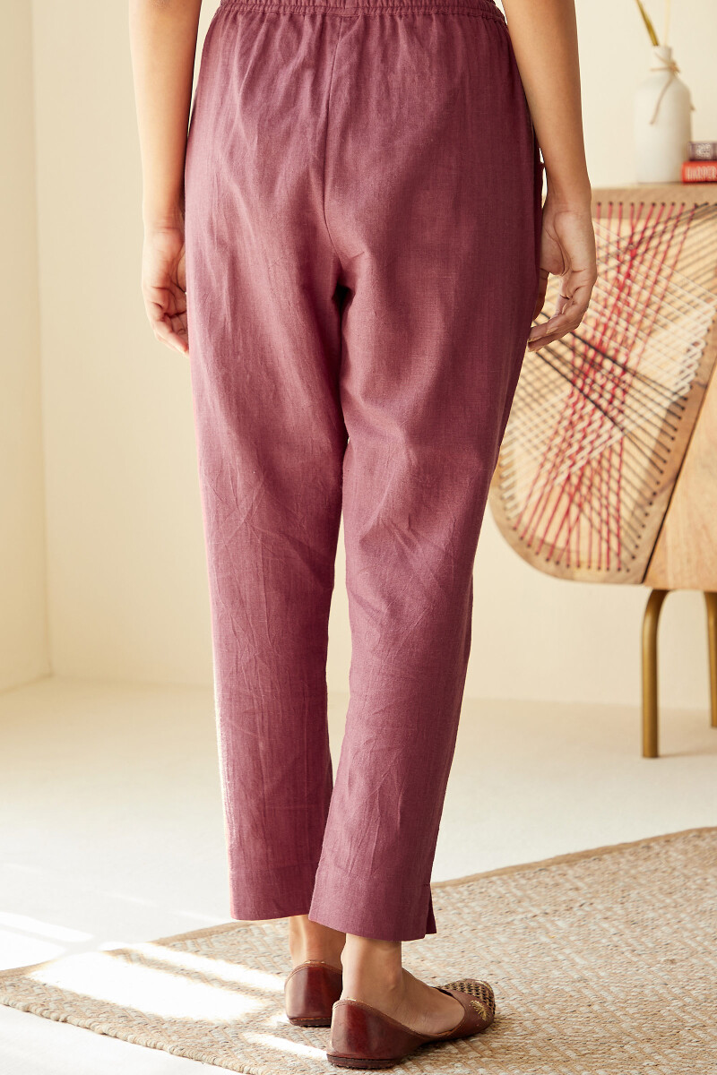 Red Handcrafted Cotton Flax Narrow Pants