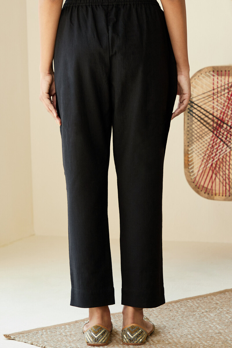 Black Handcrafted Cotton Flax Narrow Pants