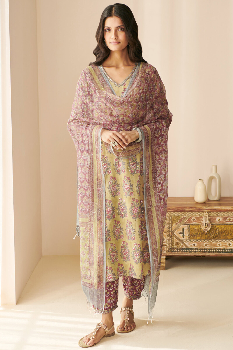 Mustard Hand Block-Printed Straight Cotton Slub Kurta