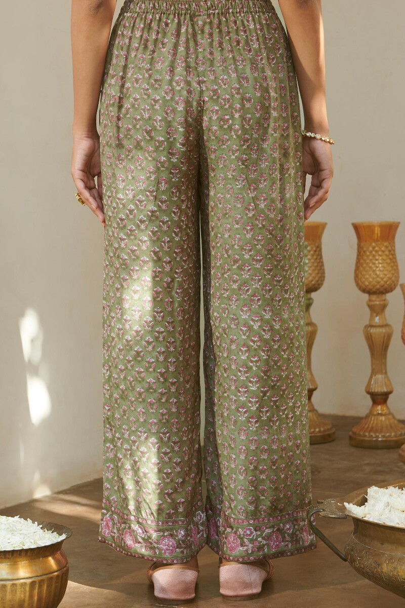 Olive Green Hand Block-Printed Viscose Farsi