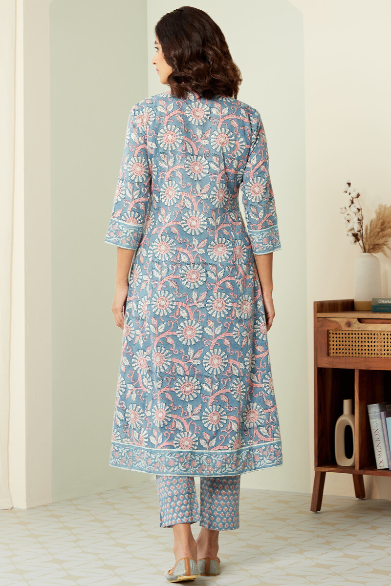 Crystal Blue Hand Block-Printed A-Line Cotton Mul Kurta