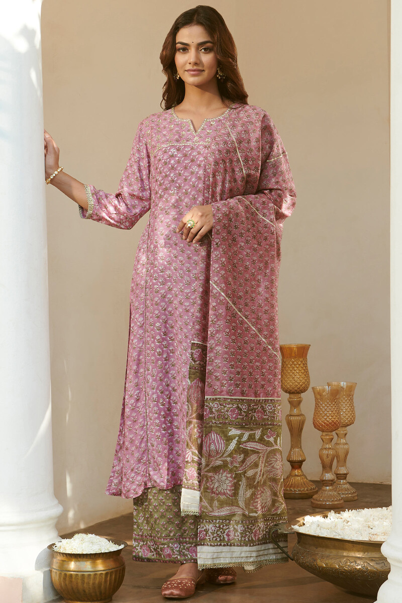 Purple Hand Block-Printed Straight Viscose Kurta