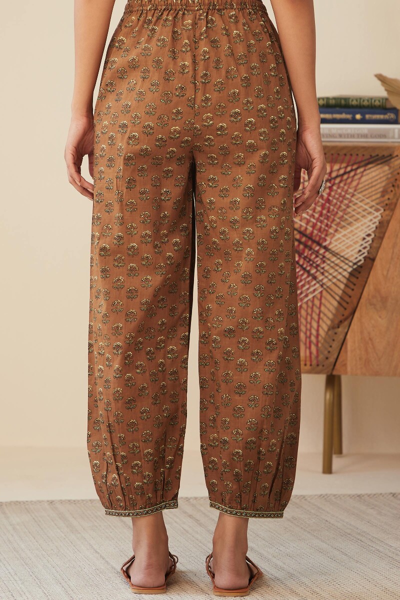 Brown Hand Printed Cotton Slub Izhaar Pants