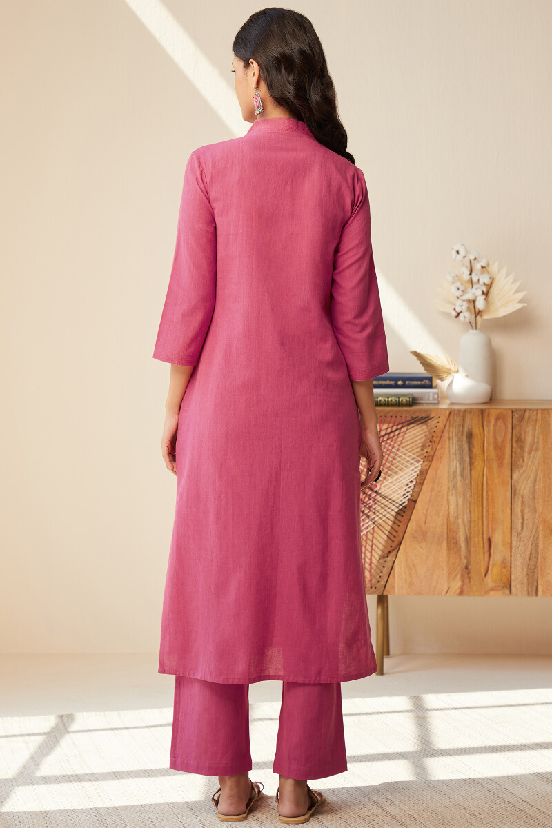 Rani Pink Handcrafted Straight Cotton Flax Kurta