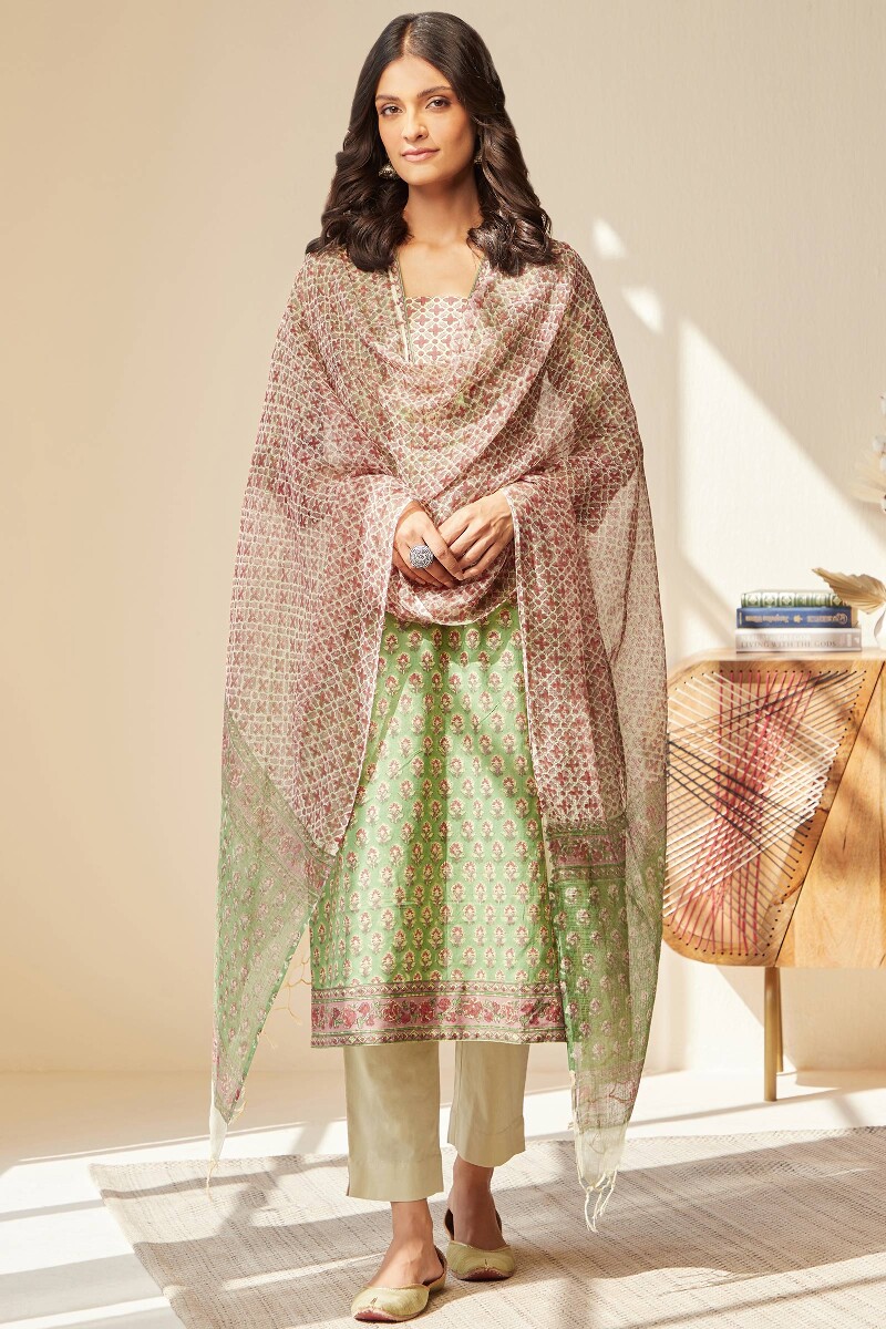 Green Hand Block-Printed Straight Cotton Kurta