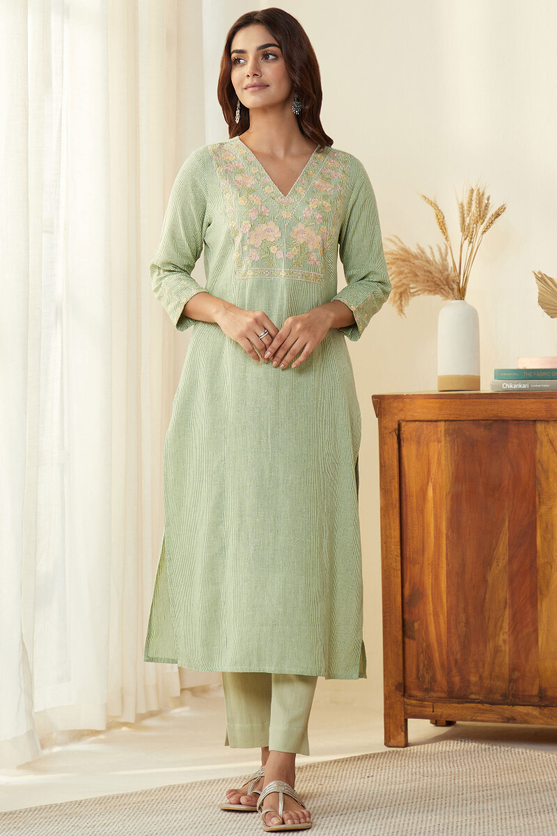 Green Handcrafted Straight Cotton FLax Kurta