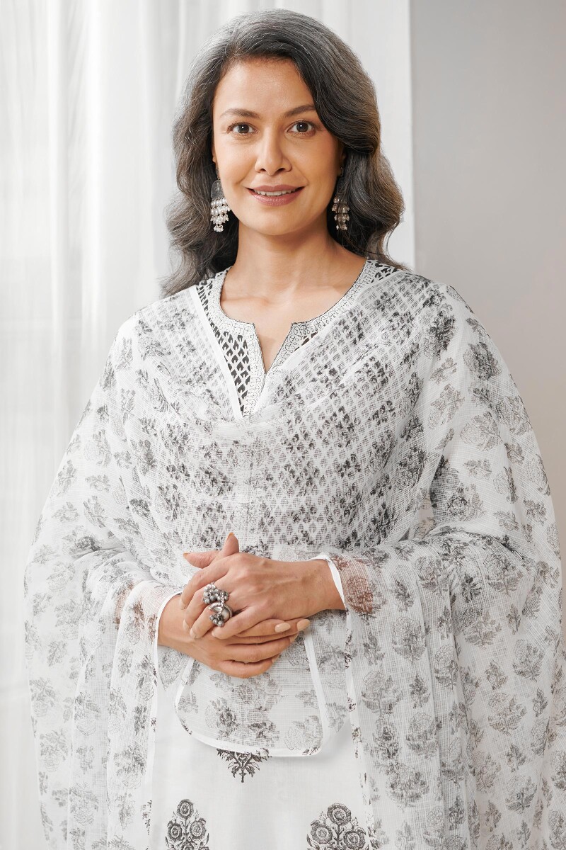 White Hand Block-Printed Kota Dupatta