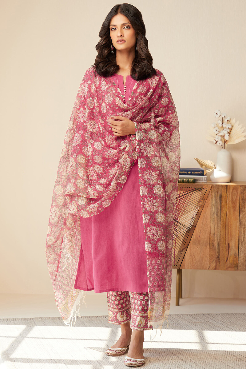 Rose Pink Handcrafted Straight Cotton Flax Kurta
