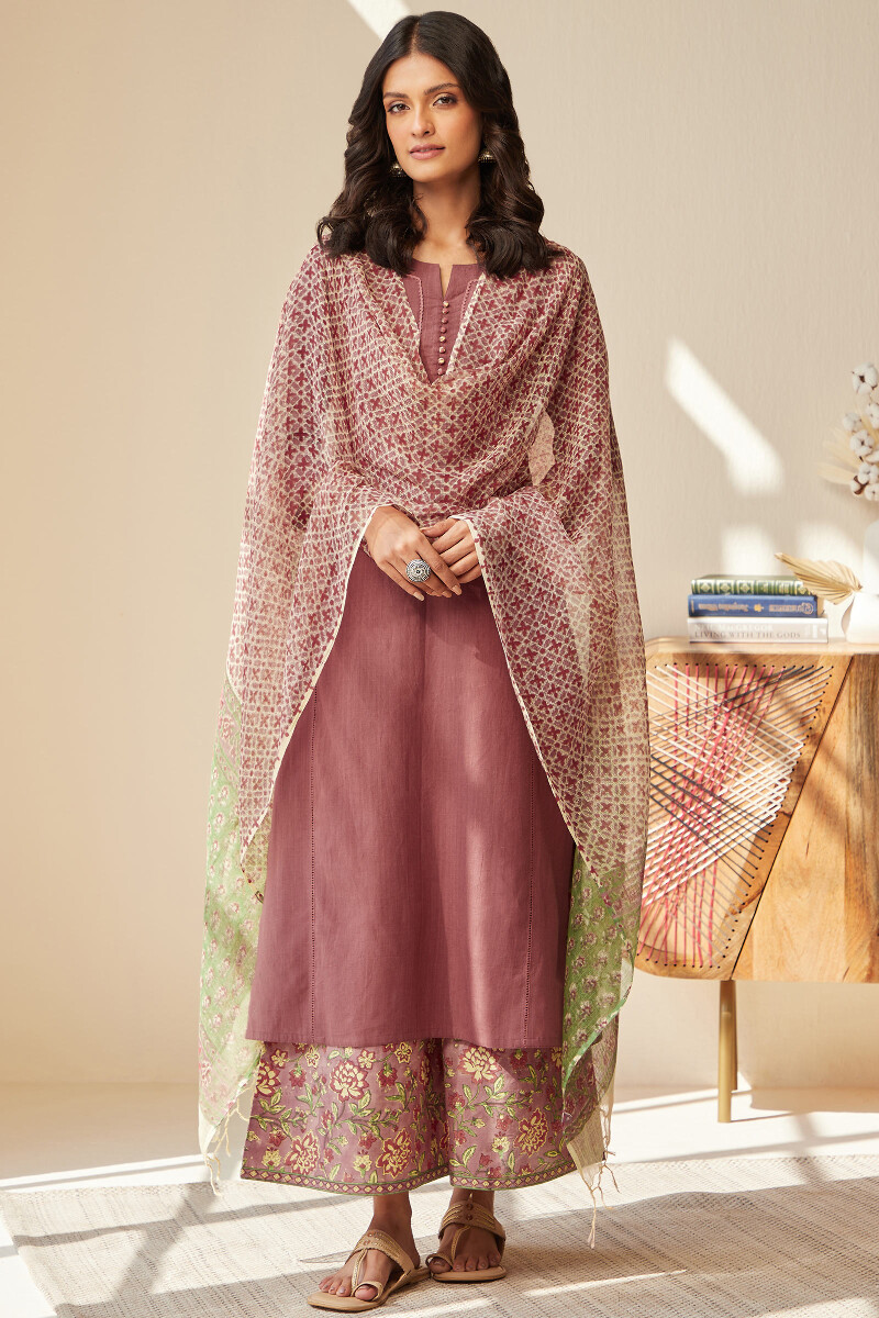 Mauve Handcrafted Straight Cotton Flax Kurta