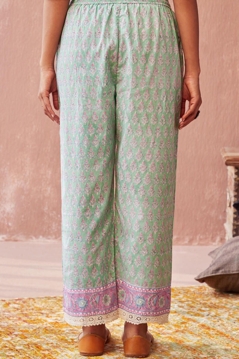 Green Hand Block-Printed Cotton Straight Farsi