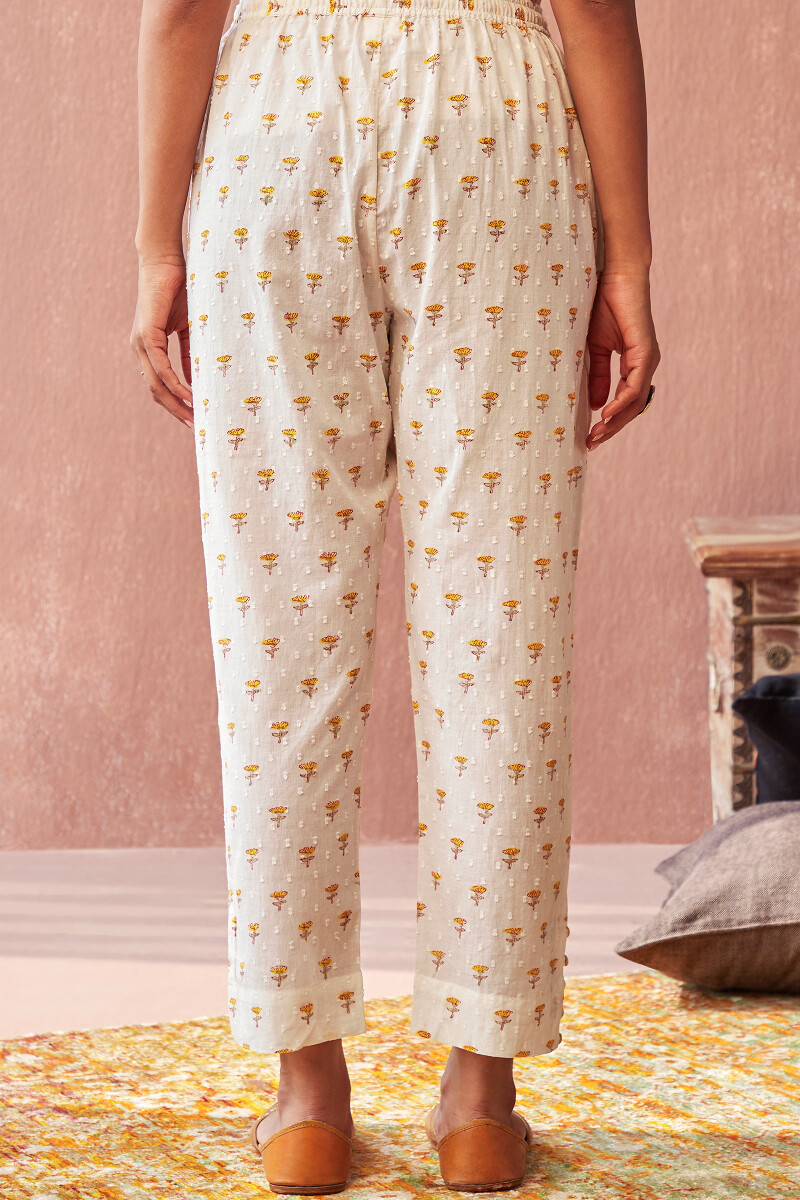 White Hand Block-Printed Cotton Dobby Narrow Pants