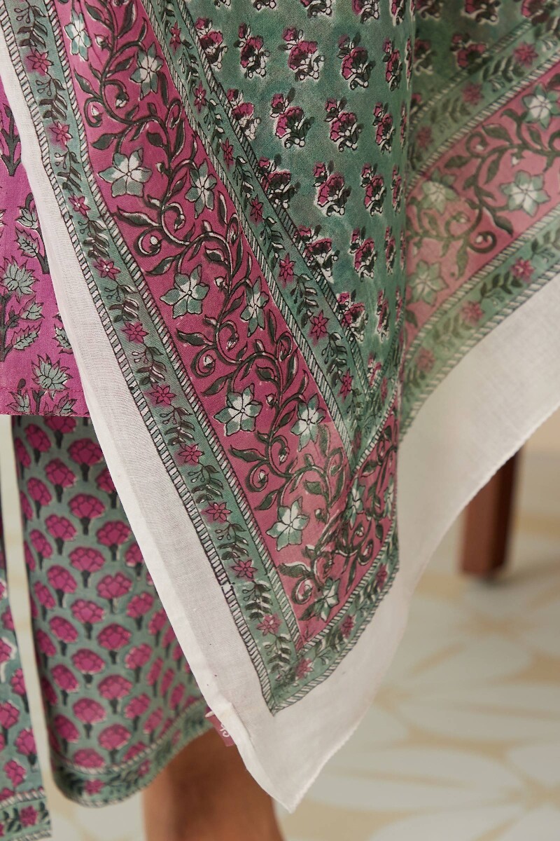Green Hand Block-Printed Cotton Mul Dupatta
