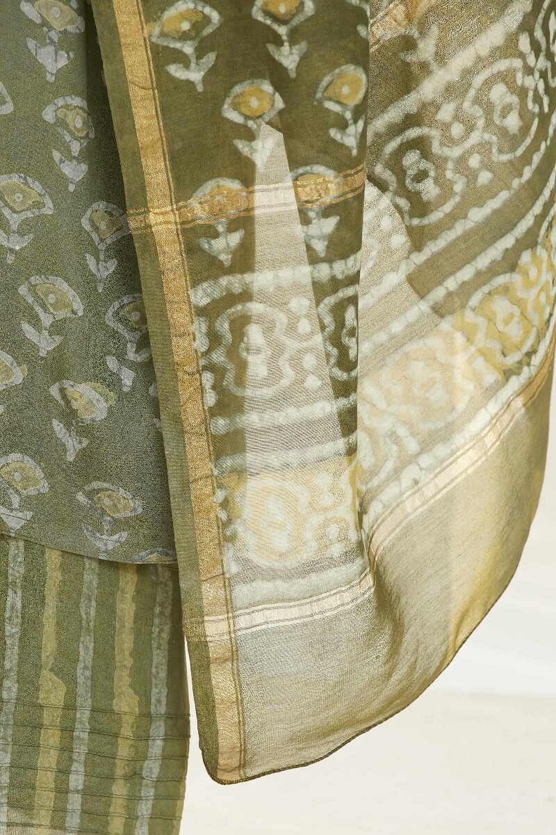 Green Hand Block-Printed Chanderi Dupatta