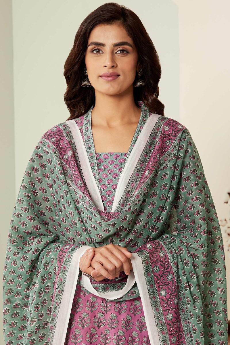 Green Hand Block-Printed Cotton Mul Dupatta