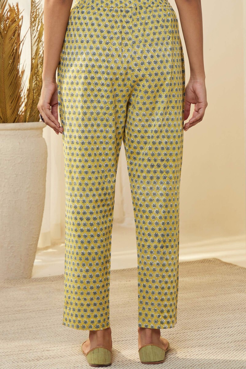 Mustard Hand Block-Printed Cotton Narrow Pants