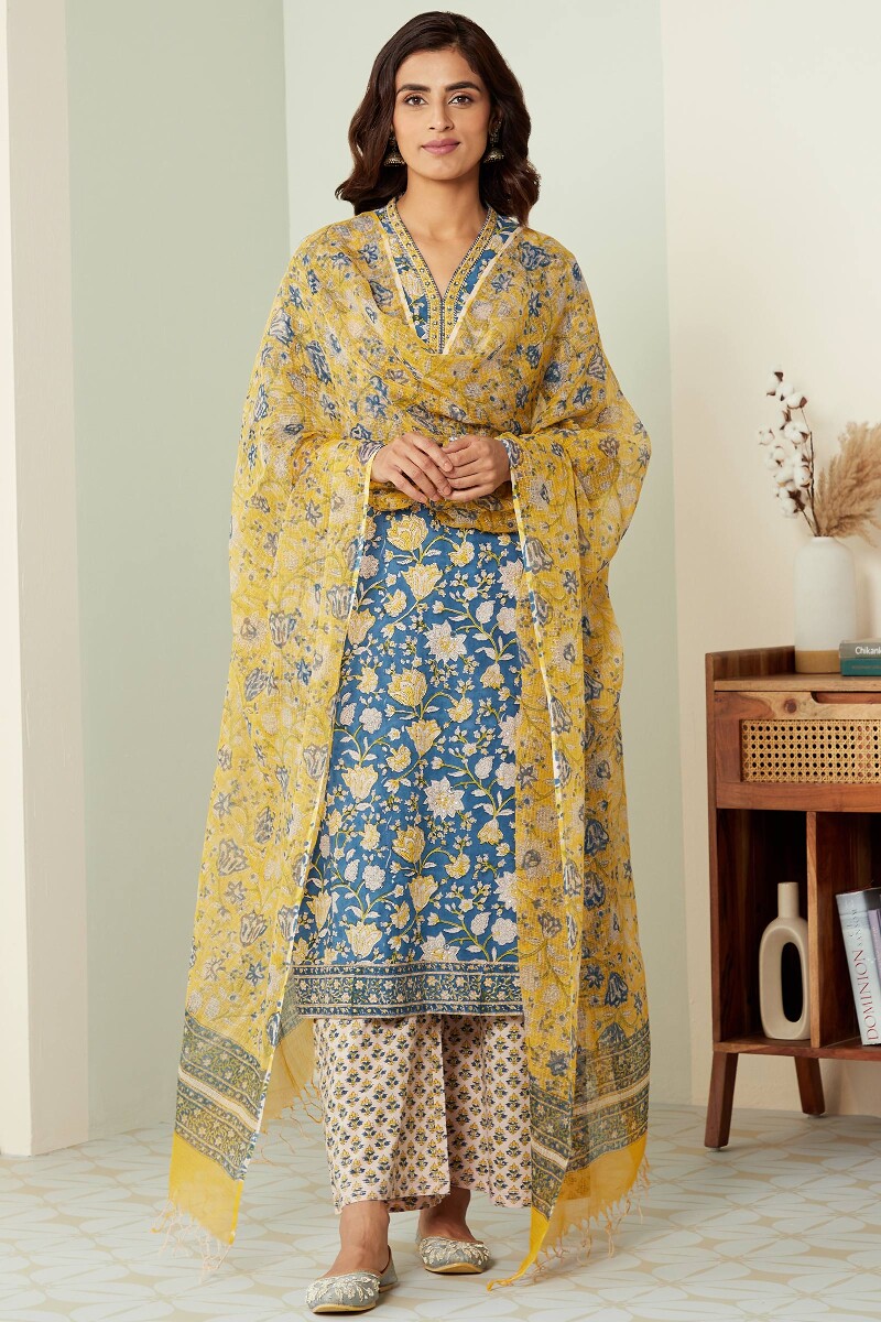 Blue Hand Block-Printed Straight Cotton Kurta
