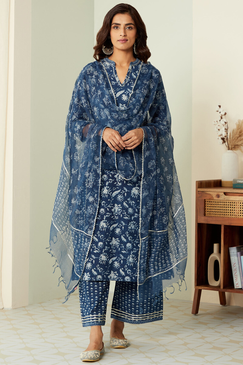 Indigo Hand Block-Printed Straight Cotton Kurta