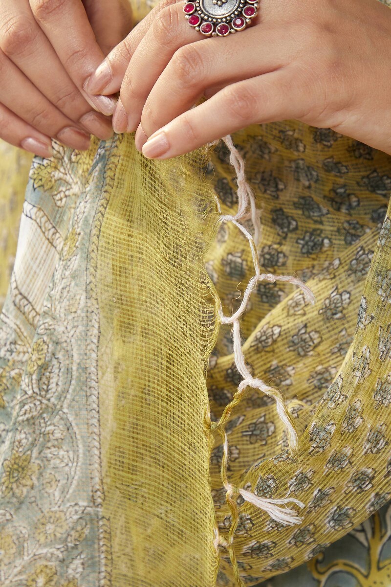 Mustard Hand Block-Printed Kota Dupatta