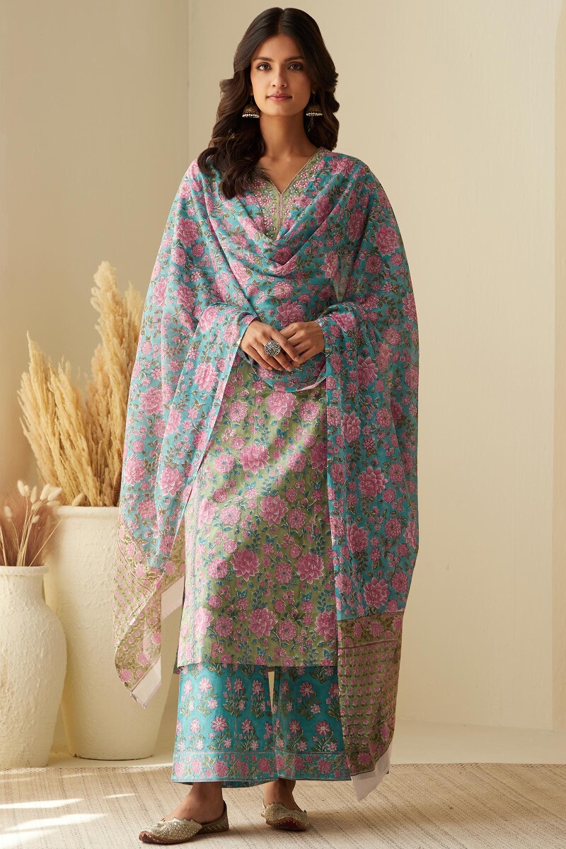 Green Hand Block-Printed Straight Cotton Kurta