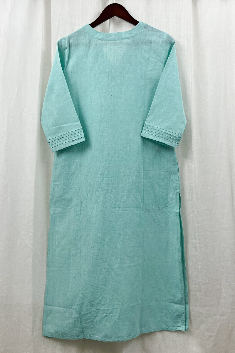 Light Teal Handcrafted Straight Cotton Linen Kurta