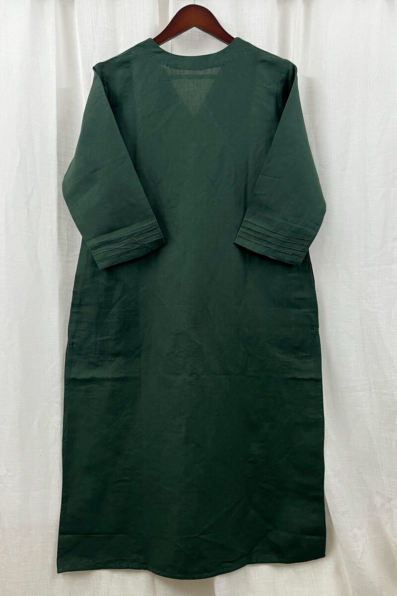 Dark Green Handcrafted Straight Cotton Linen Kurta