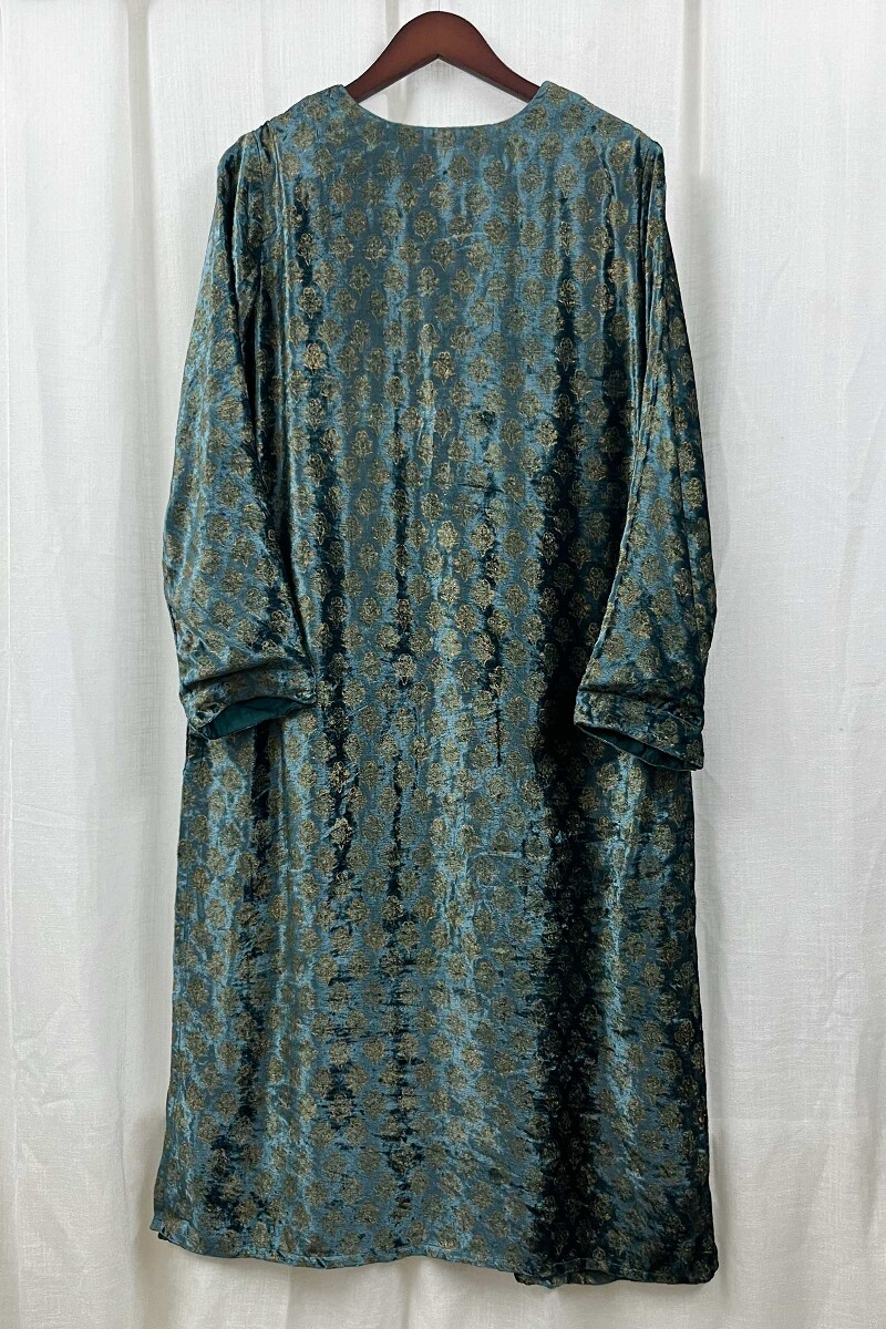 Teal Hand Block-Printed Straight Velvet Kurta