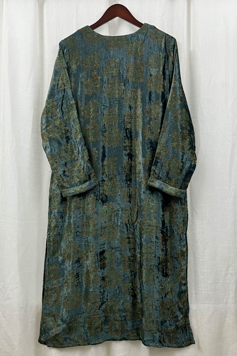 Teal Hand Block-Printed Straight Velvet Kurta